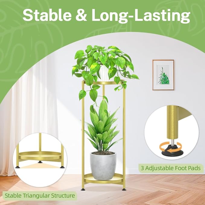 iDavosic.ly 2 Tier Corner Plant Stand Indoor, Tall Vertical Metal Flower Heavy Duty Pot Holder Shelf Outdoor for Patio Porch Living Room, Gold - Round