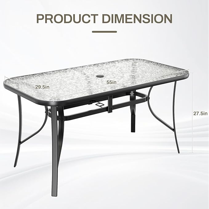 TLSUNNY Patio Outdoor Table W/ 1.69″ Umbrella Hole, 30"X 55" Rectangular Tempered Glass Patio Dining Table for 6, Outdoor Metal Furniture, All-Weather Use, for Patio, Graden, Backyard (Black)