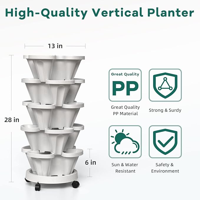 Strawberry Vertical Planters 2 Pack, 5 Tiered Stacking Tower Garden with Support Pole, Stackable Herb Vegetable Planters Indoor Outdoor Black