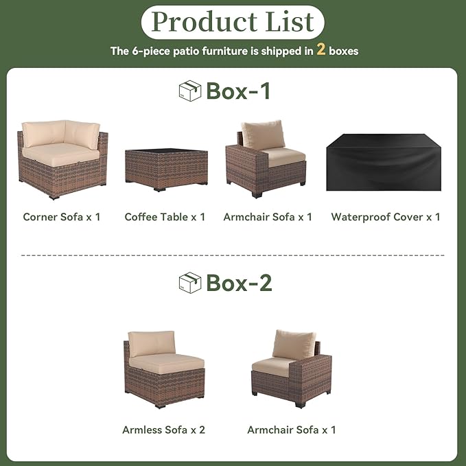 Aoxun 6 Piece Patio Furniture Set with Wide Armrests Wicker Rattan Outdoor Sectional Sofa Set with Coffee Table and Thickened Cushions, Brown/Beige(Waterproof Cover Included)
