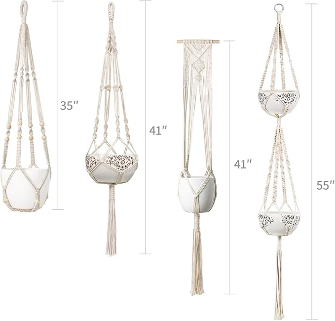 Mkono Macrame Plant Hangers Set of 4 Indoor Hanging Planter Basket Wall Decorative Flower Pot Holder with 4 Hooks for Indoor Outdoor Home Decor Gift Box, Ivory