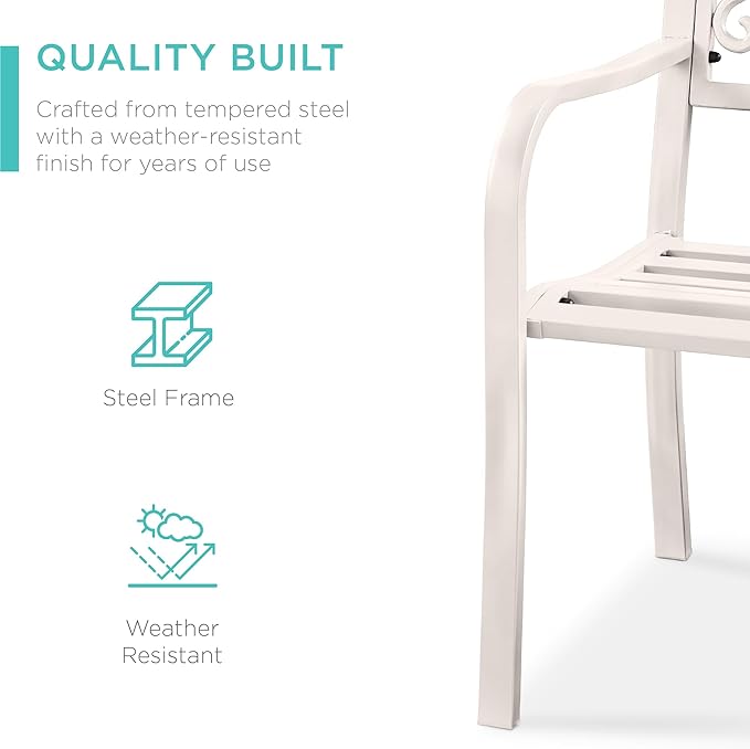 Best Choice Products Outdoor Bench Steel Garden Patio Porch Furniture for Lawn, Park, Deck w/Floral Design Backrest, Slatted Seat - White