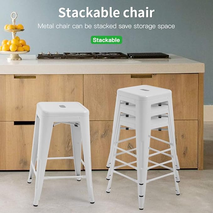 FDW Metal Bar Stools Set of 4 Counter Height Bar Stools 24 Inches Industrial Bar Chairs Patio Stool Stackable Backless Stool Indoor Outdoor Metal Kitchen Stools Bar Chairs (White, 24")