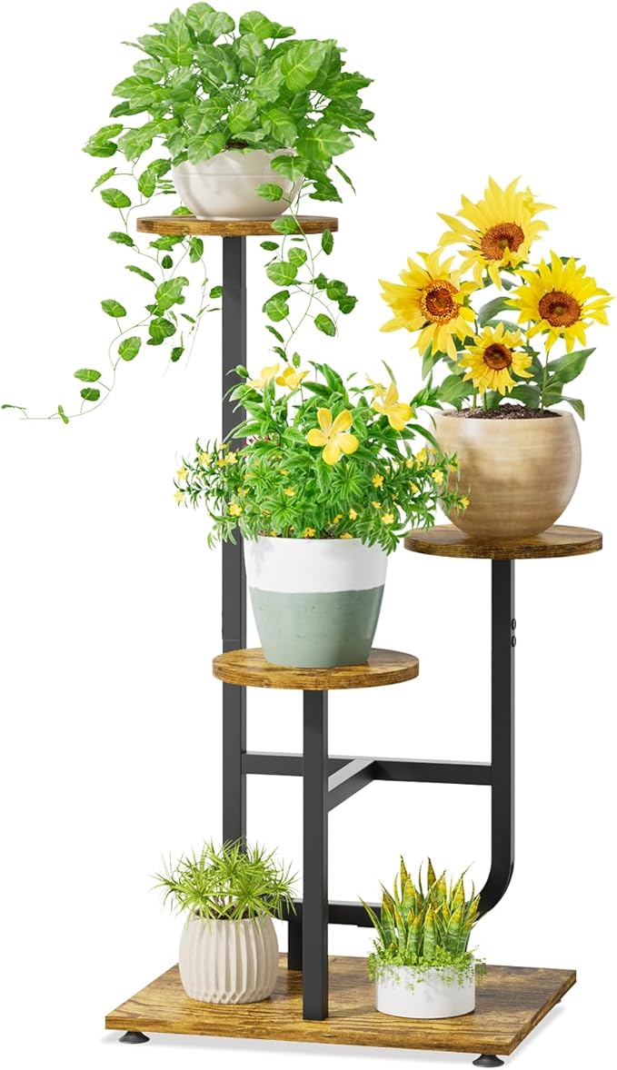 iDavosic.ly 3 Tier Plant Stand Indoor, Corner Tiered Multiple Flower Holder Shelf with Wooden Trays, Orchid Display Metal Rack for Patio Porch Living Room Balcony Outdoor, Modern Black & Rustic Brown