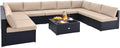 Tangkula 10 Pieces Patio Sofa Set, Outdoor Wicker Conversation Set with Soft Cushions, Tempered Glass Tabletop, Sofa Fastener Clips Included, Rattan Furniture Set for Backyard, Poolside (Beige)