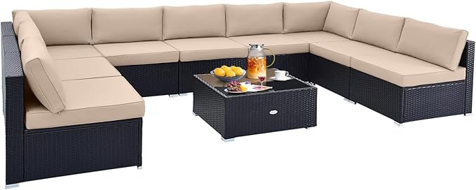 Tangkula 10 Pieces Patio Sofa Set, Outdoor Wicker Conversation Set with Soft Cushions, Tempered Glass Tabletop, Sofa Fastener Clips Included, Rattan Furniture Set for Backyard, Poolside (Beige)