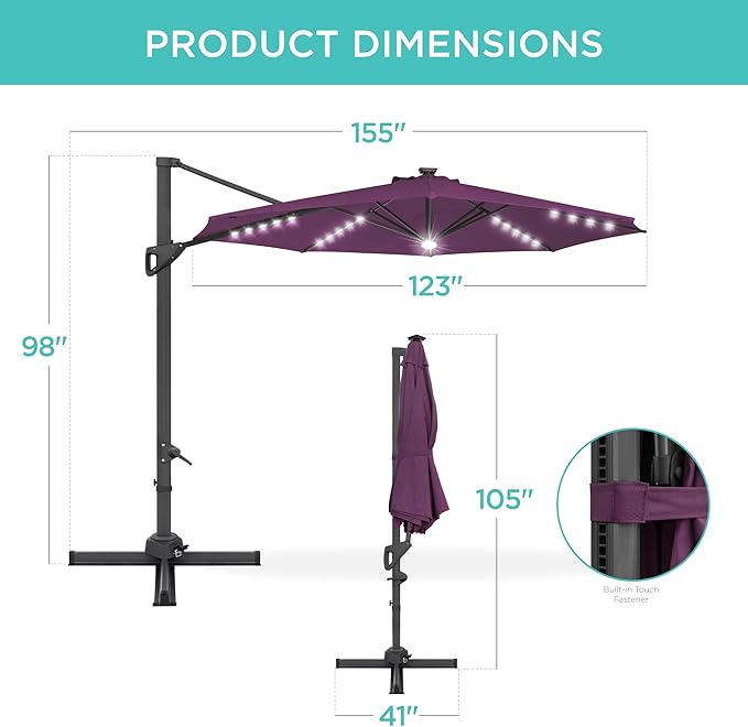 Best Choice Products 10ft Solar LED Cantilever Patio Umbrella, 360-Degree Rotation Hanging Offset Market Outdoor Sun Shade for Backyard, Deck, Poolside w/Lights, Easy Tilt, Cross Base