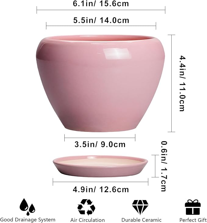 6 Inch Plant Pot - Ceramic Pot for Indoor Plants, Glaze Modern Decorative Round Ceramic Planter with Drainage Hole and Saucer, Plant Lover Gifts, Home Garden Room Office Decor, Pink