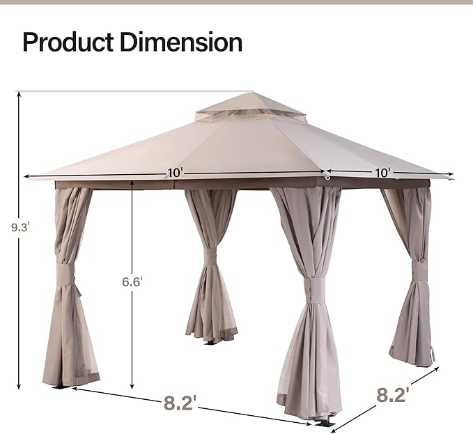 LAUSAINT HOME Semi-Permanent Outdoor Patio Gazebo 10'x10', Heavy Duty Party Tent Shelter with Double Roofs, Mosquito Nettings and Privacy Screens for Backyard, Garden, Lawn, Khaki