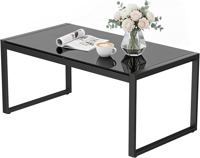 ONBRILL Rectangle Coffee Table with Tempered Glass Desktop, Galvanized Frame Outdoor Coffee Table with Adjustable Feet for Patio, Balcony, Deck, Living Room, Black
