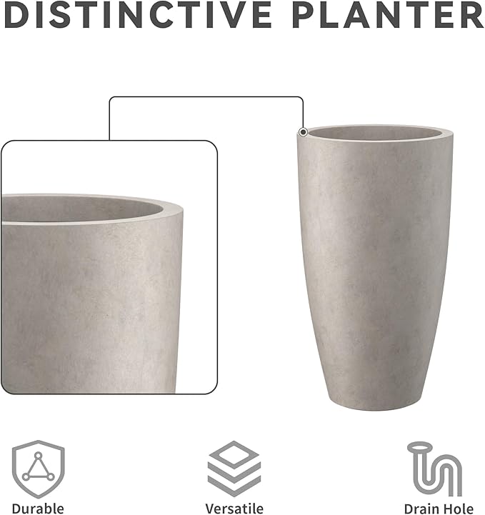 Kante 23.6" H Weathered Concrete Tall Planters (Set of 2), Large Outdoor Indoor Decorative Plant Pots with Drainage Hole and Rubber Plug, Modern Style for Home and Garden