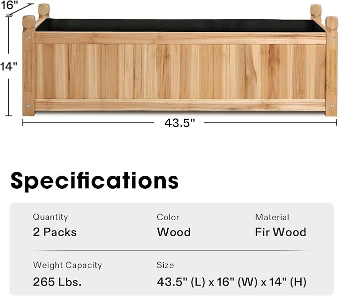 VIVOSUN 3.6 x 1.3Ft Wooden Raised Garden Bed, 43.5 x 16 x 14 Inches, Outdoor Wood Planter Box with Screwdriver and a Liner for Garden, Patio, Balcony, Backyard and Outdoors, 2Pcs