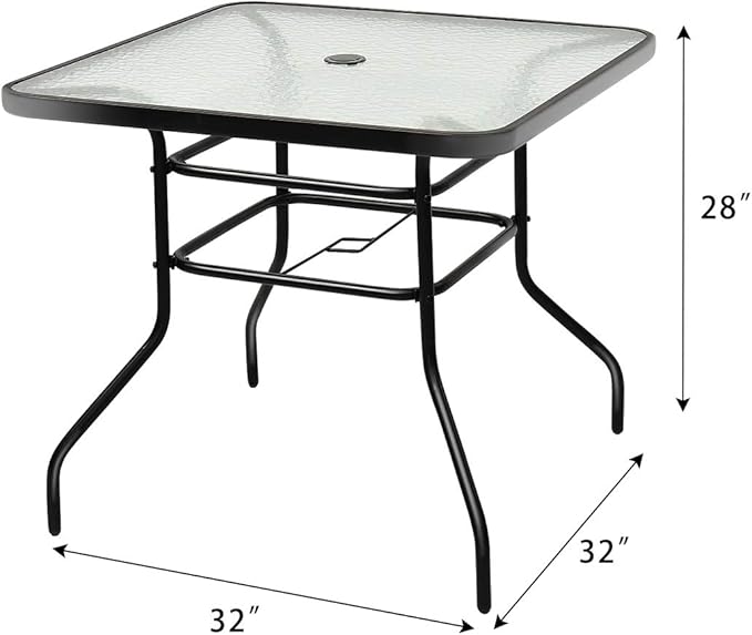 Tangkula 32" Square Outdoor Dining Table with Tempered Glass Top, Outside Bistro Table with 2" Umbrella Hole & Metal Frame, Patio Dining Table for Backyard, Lawn, Deck & Poolside
