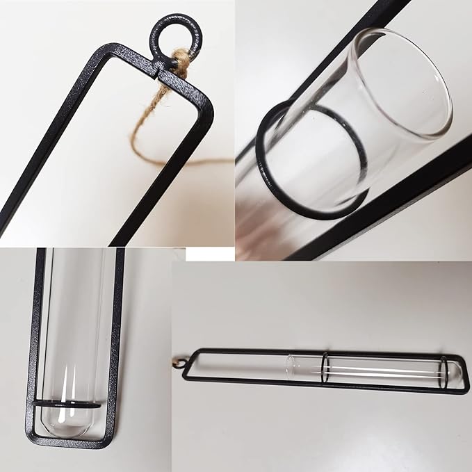 3 Pieces Hanging Glass Hydroponic Planter Transparent Test Tube Plant Vase Terrarium Container for Indoor Outdoor Modern Home Decoration (Black)