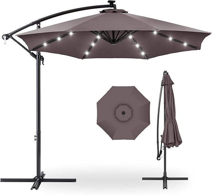 Best Choice Products 10ft Solar LED Offset Cantilever Hanging Market Patio Umbrella, 8 Sturdy Ribs, Easy Adjustment - Deep Taupe