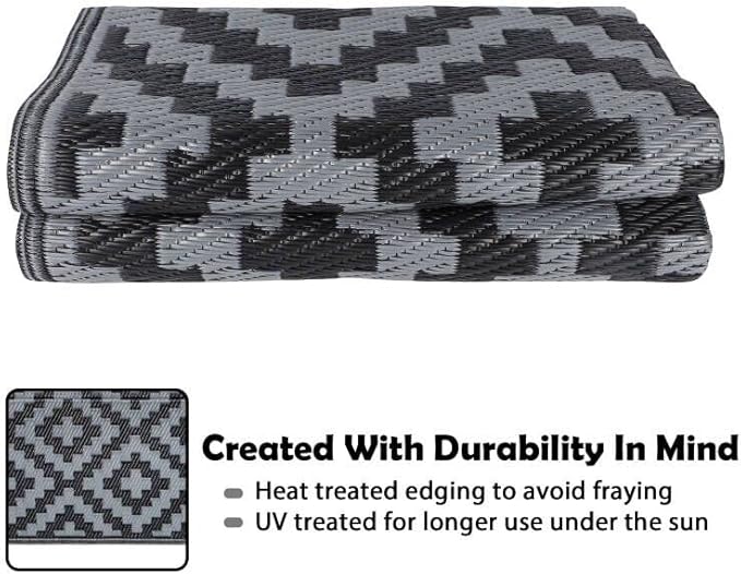 SAND MINE Waterproof Outdoor Rug 4x6 ft, Reversible Mats, Modern Area Rug, Large Floor Mat and Rug for Outdoors, RV, Patio, Backyard, Deck, Picnic, Beach, Trailer, Camping, Black & Grey Lattice