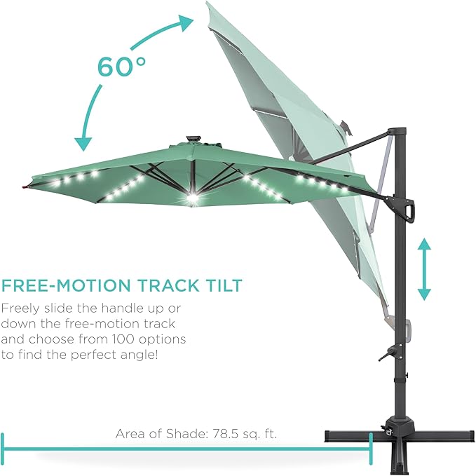 Best Choice Products 10ft Solar LED Cantilever Patio Umbrella, 360-Degree Rotation Hanging Offset Market Outdoor Sun Shade for Backyard, Deck, Poolside w/Lights, Easy Tilt, Cross Base