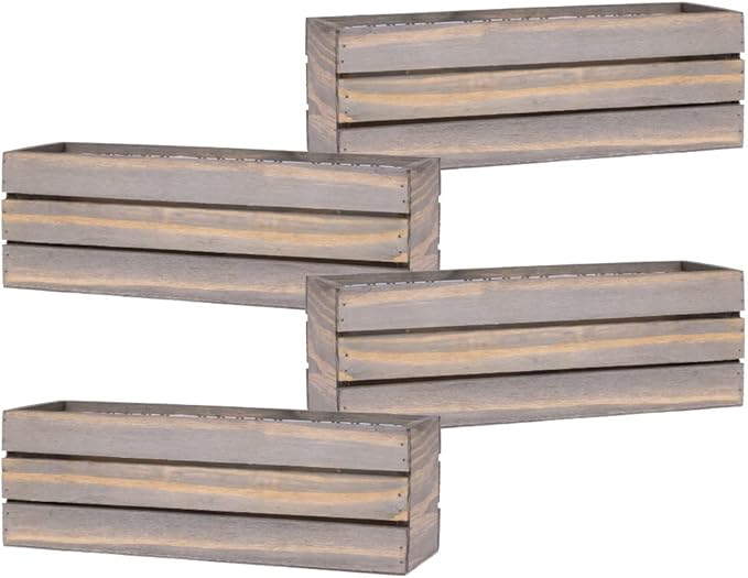 Wood Planter Box with Wine Crate Styled, 12x4 Inch Rectangular, Rustic Barn Wood, Plastic Liner, Wedding Flowers Holder, Home and Venue (12x4 Wine Crate Set of 4, Natural)
