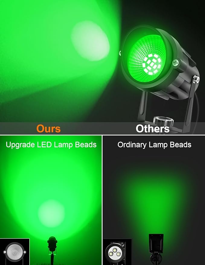 Green LED Spot Lights Outdoor, 14 LED Landscape Lighting with US Plug, IP65 Waterproof Spotlights for Tree Yard Garden Pathway Flag St. Patrick's Day Halloween Christmas Decor 2 Pack