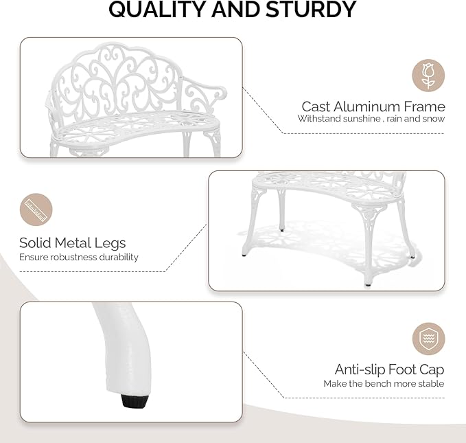 VINGLI 38.5" Patio Park Garden Outdoor Metal Rose Bench, 2-Person Cast Iron Cast Aluminium Frame Antique Finish Chair,Accented Lawn Front Porch Path Yard Decor Deck Furniture (White, Butterfly)