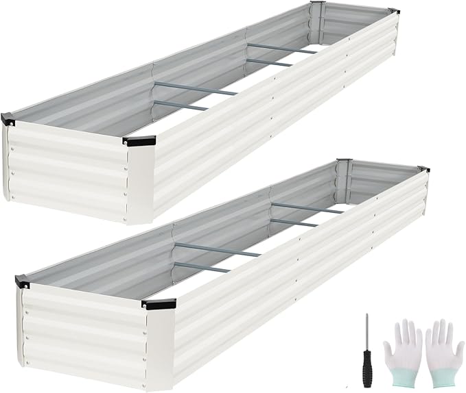 Galvanized Raised Garden Bed Outdoor | Metal Raised Garden Bed for Gardening 2Pack | Large Planter Box for Vegetables Flowers Fruits | Easy Assembly & Safety Design Flower Beds 12x2x1ft White