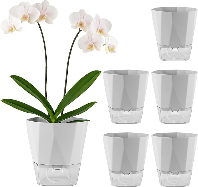 5 Pack Self Watering Pots for Indoor Plants 6.7 Inches Self Watering Planters African Violet Self Watering Pots Clear Pot for Herb Orchid Flower Houseplant, Light Grey