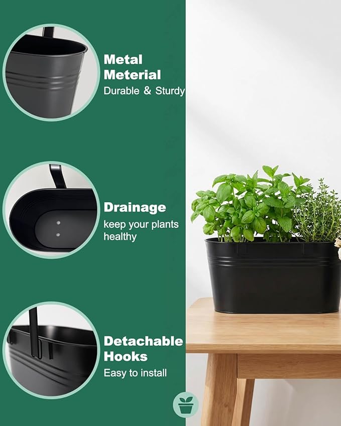 vensovo 16 Inch Railing Planter for Outdoor Plants - 3 Pack Large Metal Balcony Hanging Planters with Detachable Hooks and Drain Holes Oval Box Rail Pots for Home Garden Fence, Black