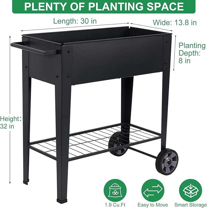 Elevated 32" Tall Raised Garden Bed with Legs and Wheels for Mobility, Metal Planter Boxes Outdoor with Shelf, Raised Bed for Gardening Vegetables/Herbs, Backyard, Patio, Balcony, Black