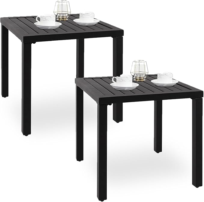PHI VILLA Outdoor Patio Side Table Set of 2, 19" Small Black Metal Square End Table, Outside Coffee Bistro Table for Porch, Deck, Balcony, Indoor