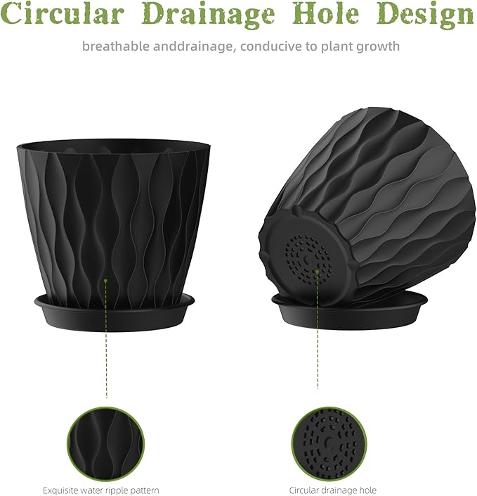 6 Inch Plant Pots, 6 Pack Indoor Flower Pots, Planters with Drainage Holes and Trays for Orchids, Violets, Succulents, Herbs, and Other Plants, Black