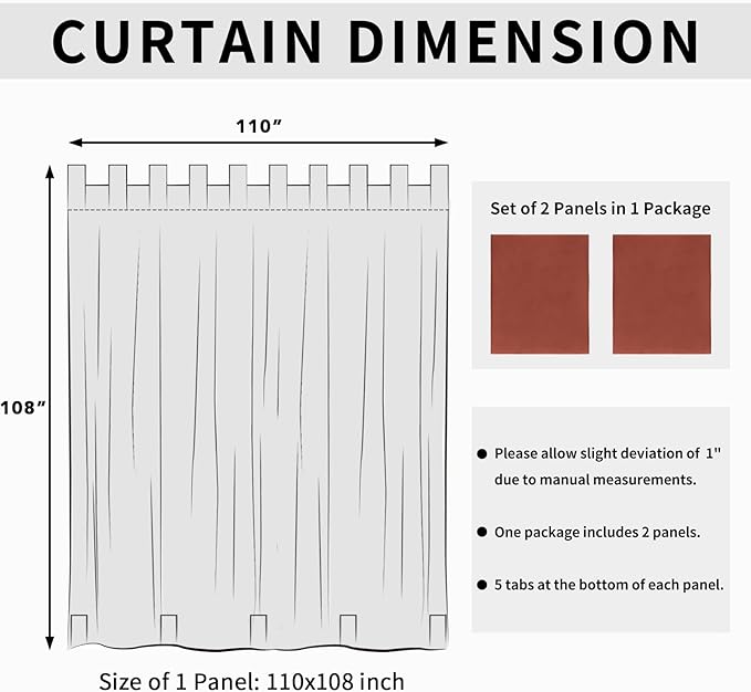Easy-Going Outdoor Patio Curtains Detachable Tab Top Windproof Weatherproof Curtain for Cabana, Porch, Pergola and Gazebo, Tab Bottom Drape, 2 Panels, 110W x 108L inch, Terra Red