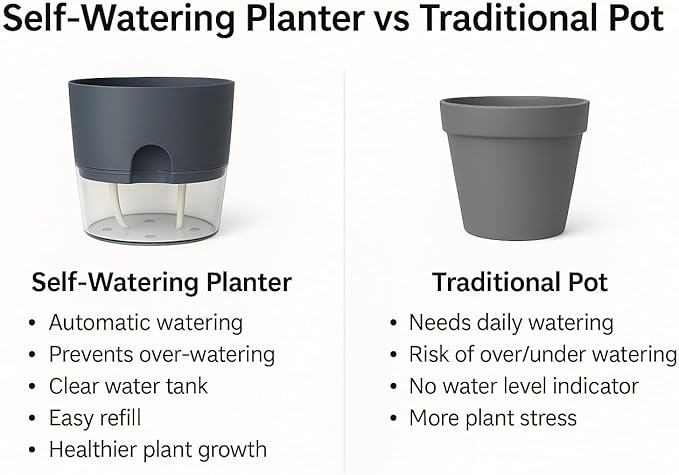 Self Watering Planter Pot with Upgraded Wick System – Modern Indoor Plant Pot with Visible Water Reservoir