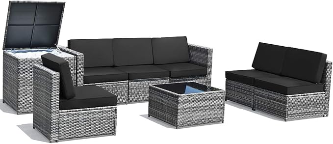 Tangkula 8 Pieces Wicker Patio Furniture Set with Storage Deck Box, PE Rattan Outdoor Sectional Sofa Conversation Set with Coffee Table & Cushions, Outside Furniture for Garden Yard Poolside (Black)