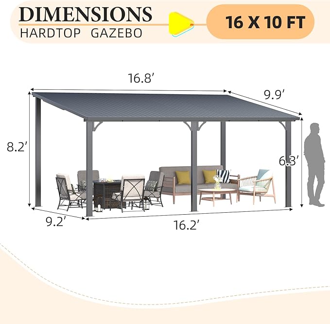 AECOJOY 16' x 10' Outdoor Hardtop Gazebo Pergola for Patio, 10x16 Large Galvanized Steel Heavy Duty Lean to Wall-Mounted Pergolas and Gazebos Clearance, Metal Patio Roof Awnings for Backyard, Decks