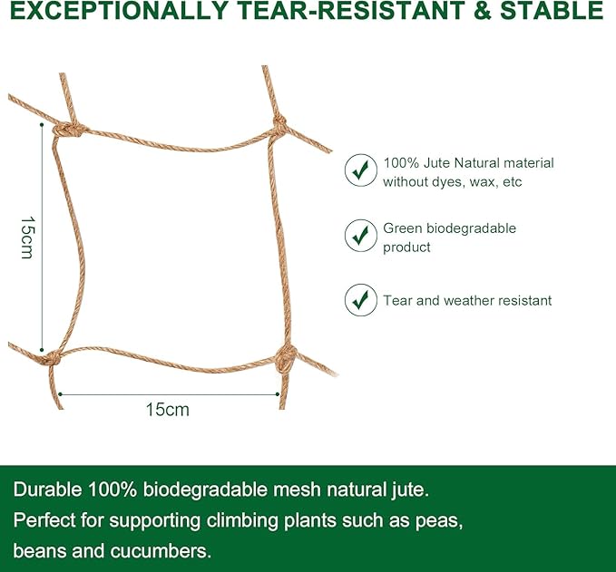 Jute Trellis Netting - Jute Netting for Garden, Heavy Duty Plant Support Netting for Climbing Plants, Cucumber, Vine, Fruits & Vegetables, Climbing Vining Plants (6.6 Ft x 32.8 Ft, 5.9 Inch Squares)
