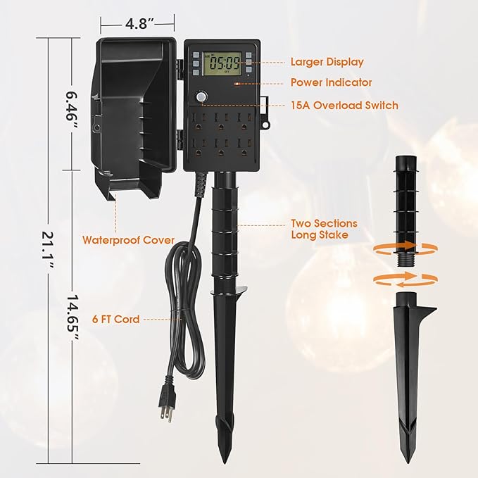 SURAIELEC Outdoor Power Stake, 7-Day Programmable Digital Timer, Power Strip Weatherproof, 6 Multi Plug Electrical Outlet Waterproof, 6FT Extension Cord for Outdoor Light, Outside Halloween Decoration