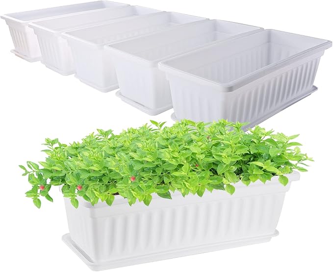 GREANER Plastic Flower Boxes Rectangle, 6 Pack Large Long Planter 16.9x7.48Inch Modern Thicken Vegetable Plant Pot with Tray for Garden, Kitchen, Houses, Offices, Balcony, Outdoor Indoor Use - White