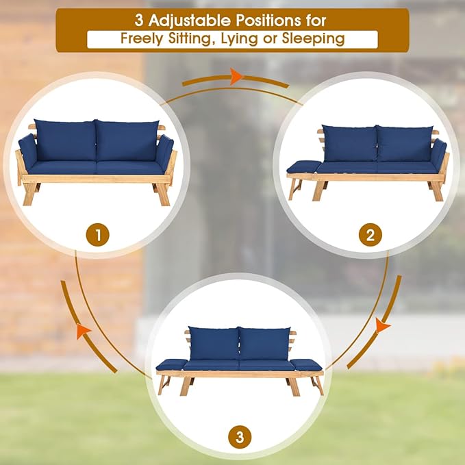 Tangkula Acacia Wood Patio Convertible Couch Sofa Bed with Adjustable Armrest, Outdoor Daybed with Cushion & Pillow, Turquoise & Navy Cushion Cover Sets, Folding Chaise Lounge Bench Ideal for Porch