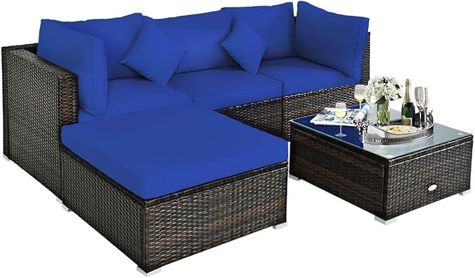 Tangkula 5 Pieces Patio Rattan Furniture Set, Outdoor Sectional Rattan Sofa Set with Back & Seat Cushions, Wicker Conversation Set with Tempered Glass Table for Backyard Porch Garden Poolside (Navy)