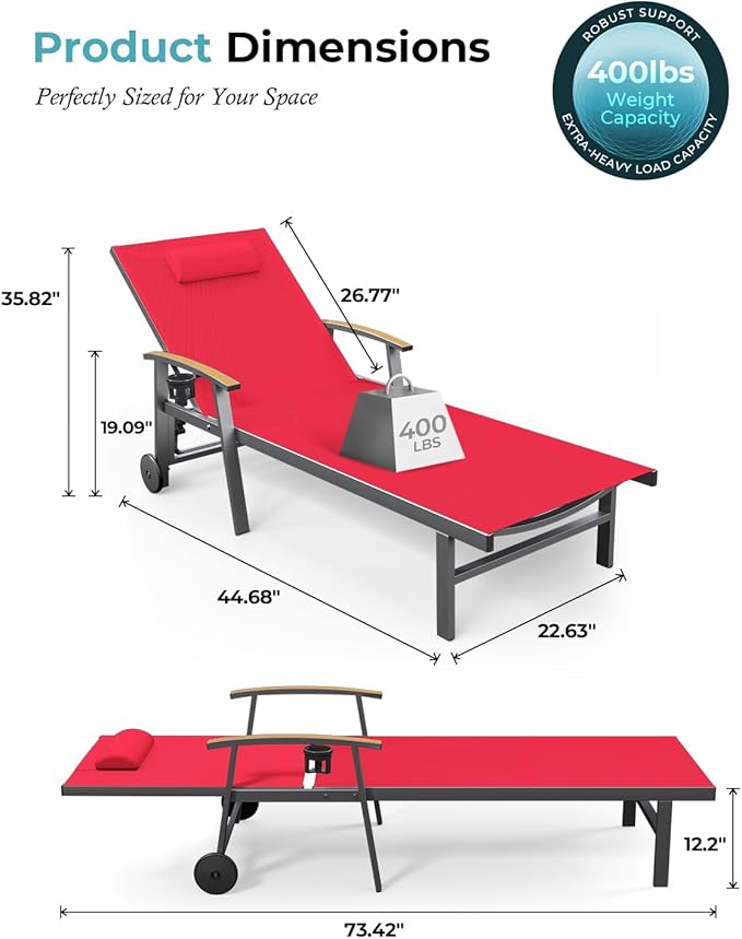 Ciokea Outdoor Lounge Chair with Pillow, 5-Position Aluminum Chaise Lounge with Wheels & Armrests, 400 lbs Heavy Duty Patio Pool Chair for Deck, Backyard, Beach & Poolside, Red