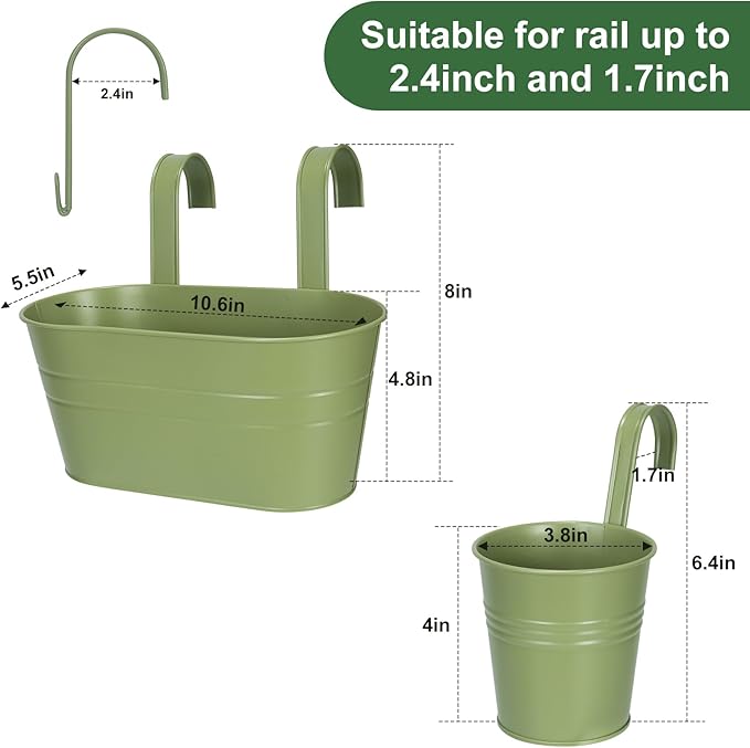 HowRU Metal Iron Flower Pots for Railing Fence Hanging Bucket Pots(5 Pcs) and Hanging Flower Pots Metal Iron Bucket Planter(10 Pcs) (Green)