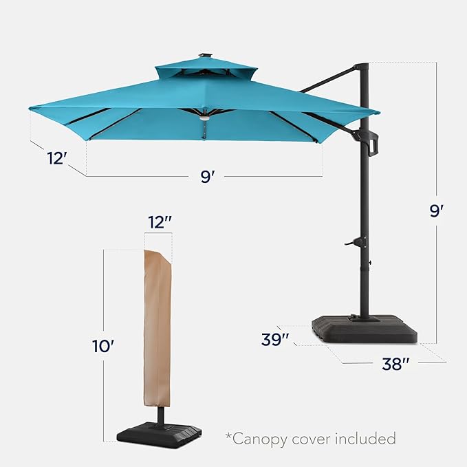 Best Choice Products 9x12ft LED Cantilever Patio Umbrella w/Base Included & 360° Rotation, Large Solar Offset Hanging Outdoor Sun Shade for Deck, Backyard Table w/Stand & Lights – Sky Blue