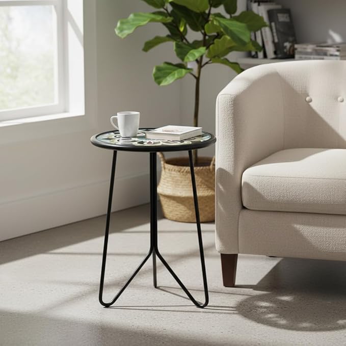 LIFFY Outdoor Side Table,12" Indoor Small Round Glass Tabletop Accent Table with Metal Frame, Home Decorative Plant Stand & End Table Outside for Patio, Garden, Yard, Kitchen, Porch