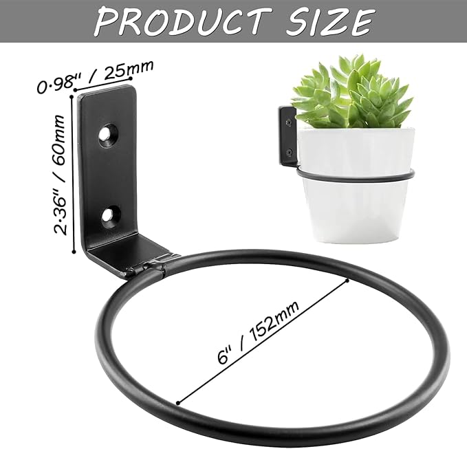 6 Pack 6 Inch Flower Pot Holder Ring, Wall Mounted Metal Planter Hanger, Matte Black, Iron