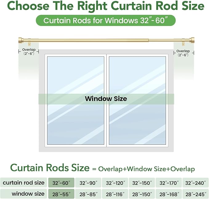 Time Forest Curtain Rods for Windows 28 to 48, 1 Inch Adjustable Gold Heavy Duty Long Window Curtain Rod for Bedoom Living Room, Modern Drapery Rods with Simple End Caps, Size 32"-60"