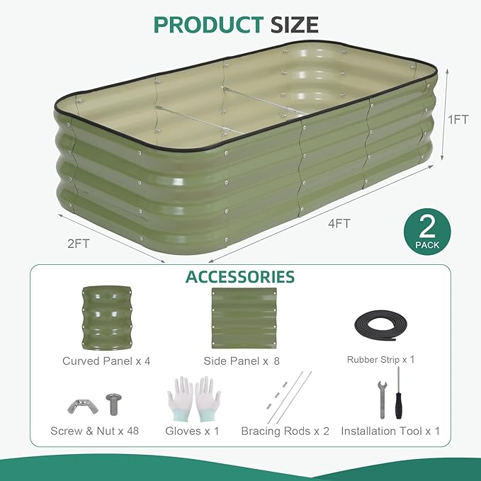 3 in 1 Galvanized Raised Garden Bed - 4x2x1ft (2Packs) Modular Planter Box Outdoor | Metal Raised Bed Kit with Bracing Rods for Gardening Vegetables Flowers Fruits Herbs (Green)