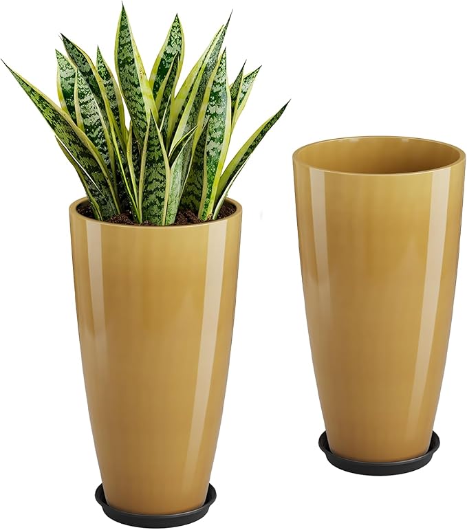 QCQHDU 21 inch Tall Planters for Outdoor & Indoor Plants, 2 Pack Sturdy Plant-Flower-Tree Pots for Front Porch Patio Deck Living Room Decor, Golden