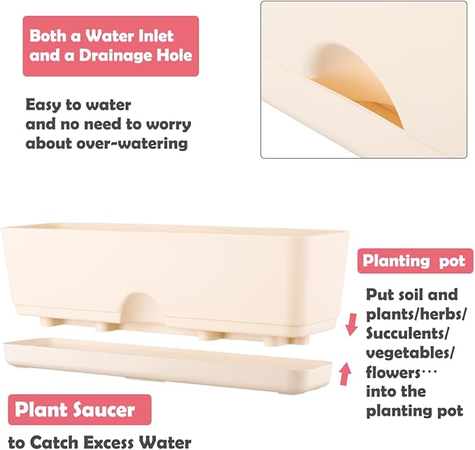 6 Pack Rectangle Planter 16x4.4 Inch Window Boxes Planters Rectangular Large Window Sill Planters Indoor Self Watering Plant Pots with Drainage Holes and Saucers Succulent Herb Flower Pots, Beige