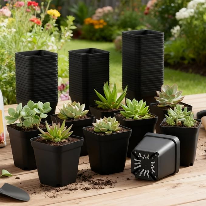 BTPLASTIK Square Nursery Pots 2.7 Inch 180 Pcs, Plastic Small Flower Pots with Drainage Holes, Sturdy Seedling pots for Planting, Cuttings (Black)