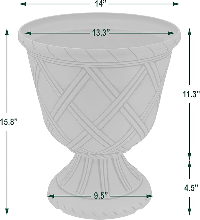 Arcadia Garden Products PL61BG Lattice Plastic Garden Urn, Classic Decorative Garden Pot Planter for Indoor and Outdoor Plants, Beige